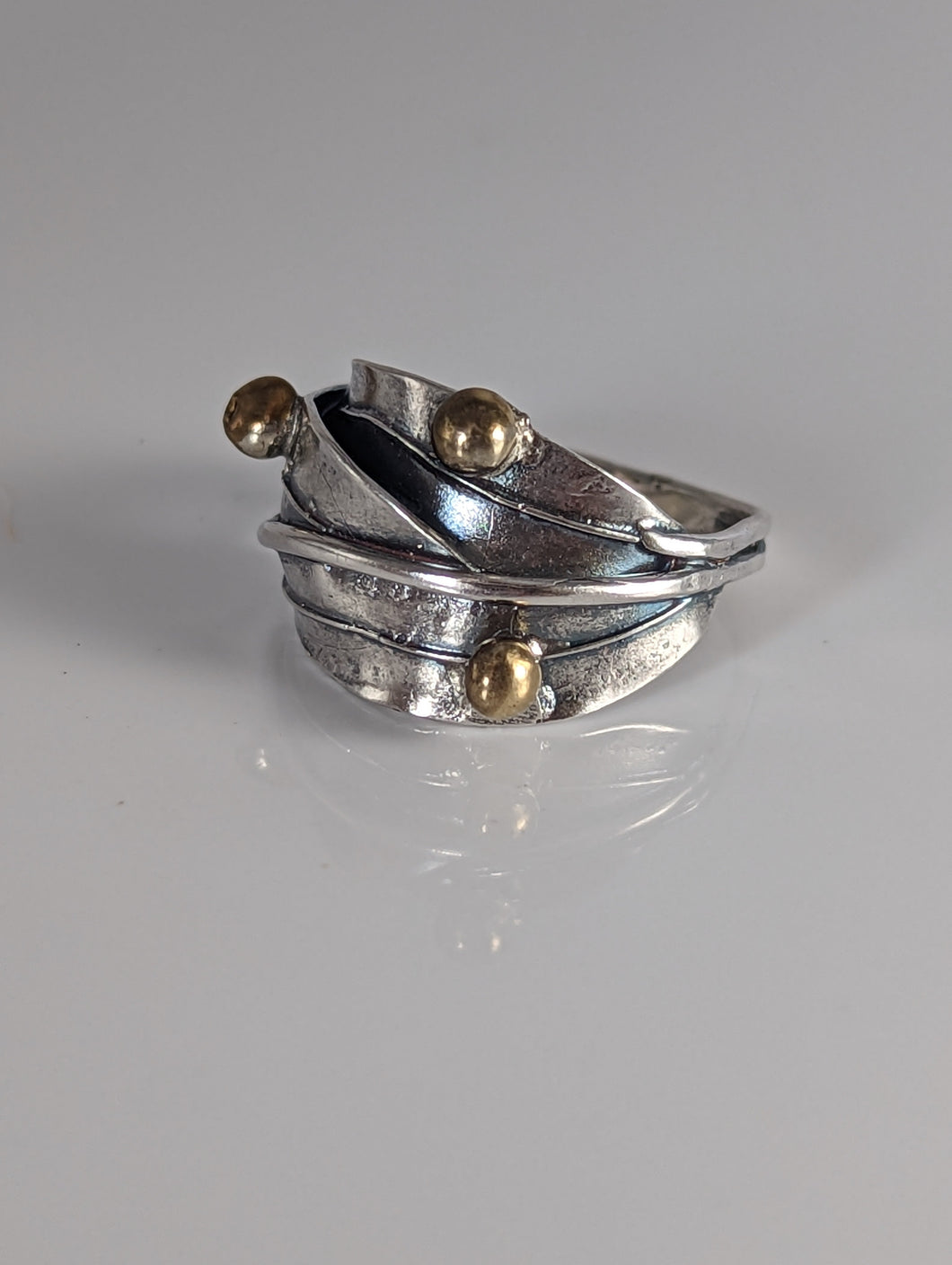 Silver Steed Silver Leaves ring with brass buds