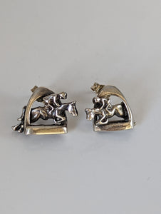 Silver Steed 3D Jump over the Stirrup Stud Earrings