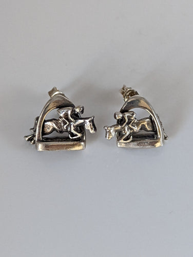Silver Steed 3D Jump over the Stirrup Stud Earrings