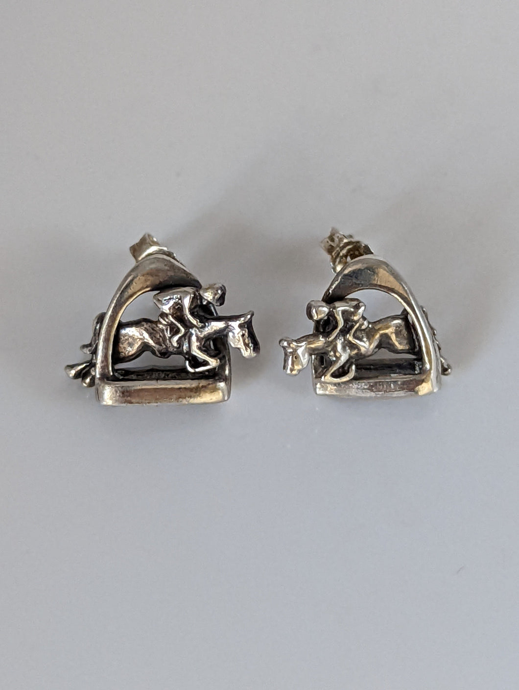 Silver Steed 3D Jump over the Stirrup Stud Earrings