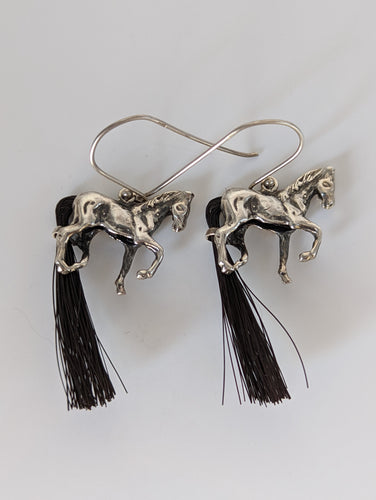 Silver Steed Large Silver Horse Long Earrings with horse hair tail