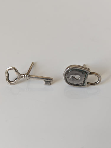 Silver Steed Lock and Key Stud Earrings