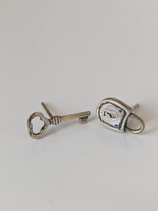 Silver Steed Lock and Key Stud Earrings