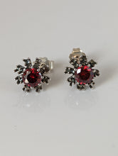 Load image into Gallery viewer, Silver Steed Red Crystal Sunflower Stud Earrings