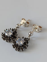 Load image into Gallery viewer, Silver Steed Dangling Crystal Sunflower Stud Earrings