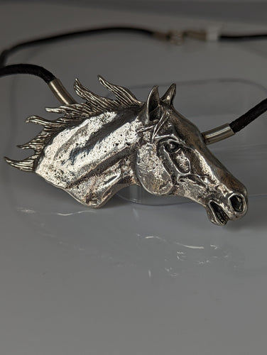 Silver Steed Large Horse Head on Leather Cord Necklace
