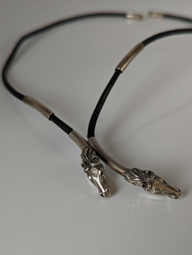 Silver Steed Two Horse Heads with Leather Cord Necklace